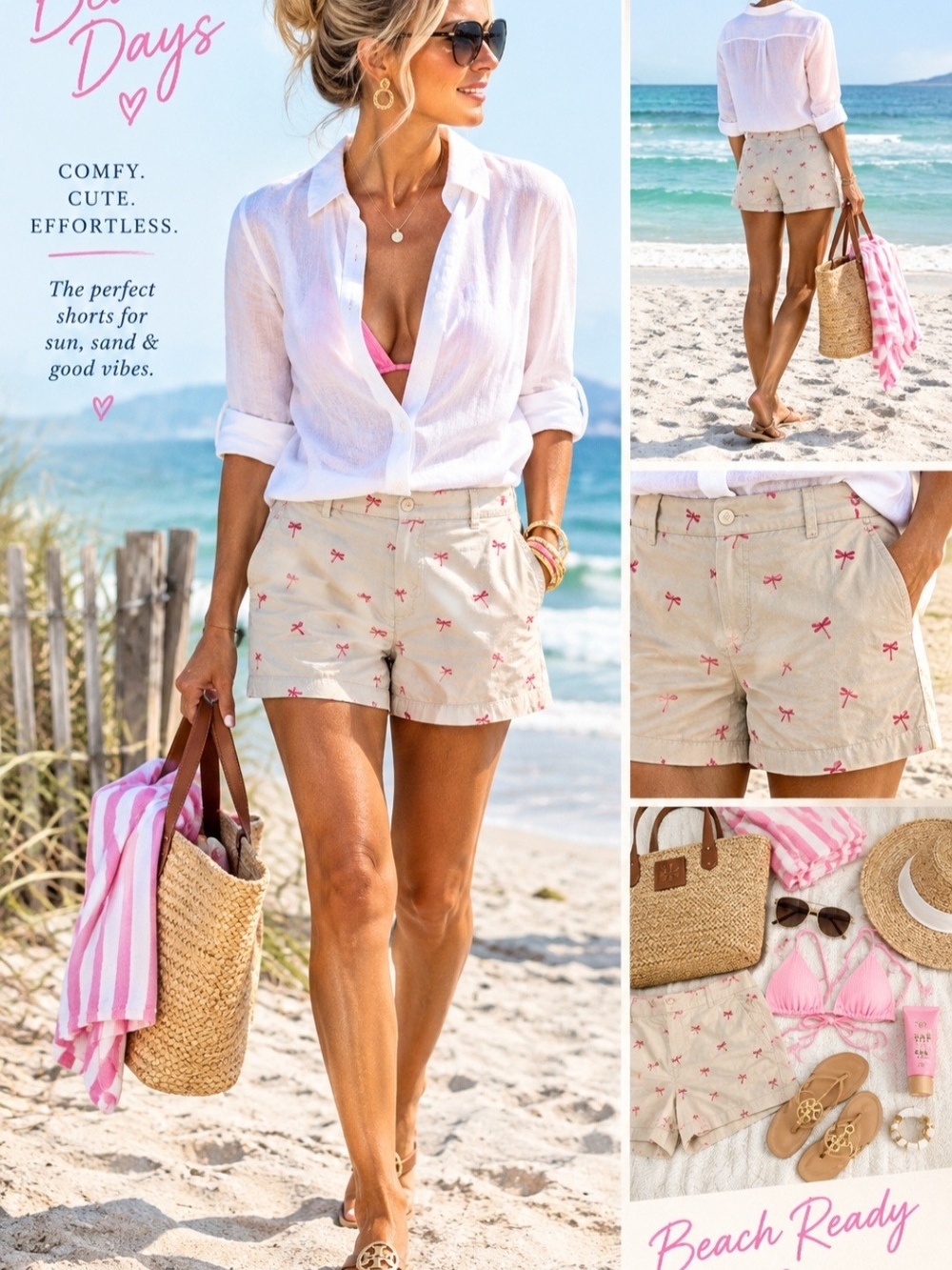 Brroks Brothers Women’s Tan Beach Shorts with Pink Dragonfly Embroidery